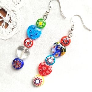 Handmade Glass Hearts Long Dangle Earrings 925 Silver